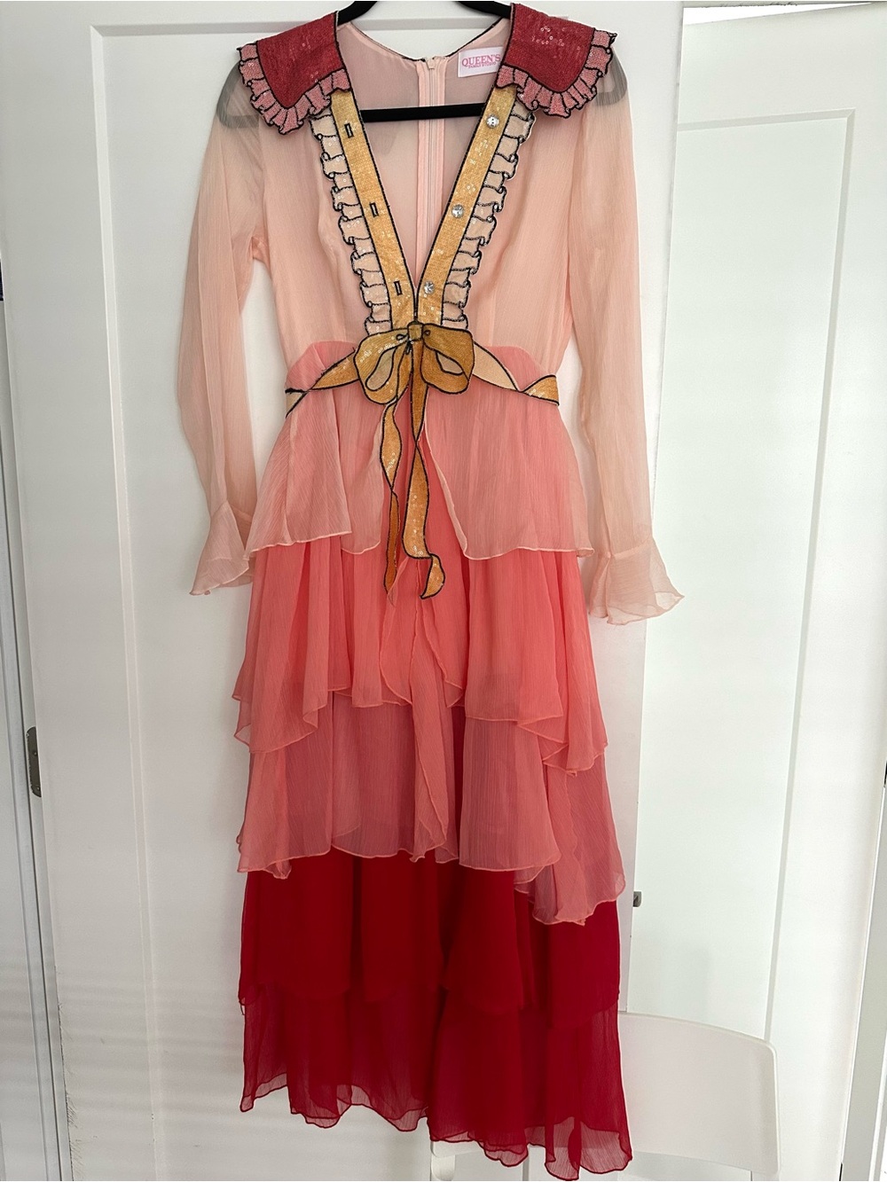 Peach-Pink Tiered Chiffon Maxi Dress with Bow Detail